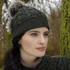 Aran Cable Knit Hat Pom Pom Green