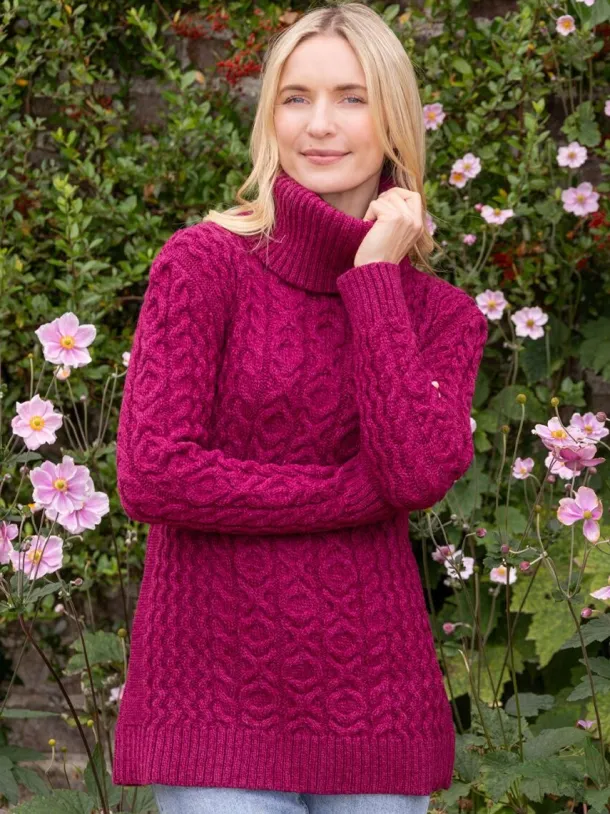 Aran Cowl Neck Merino Wool Raspberry