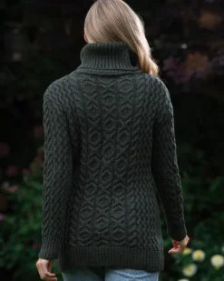 Aran Cowl Neck Merino Wool Army Green