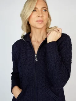 Aran Hooded Coat with Celtic Zipper Navy