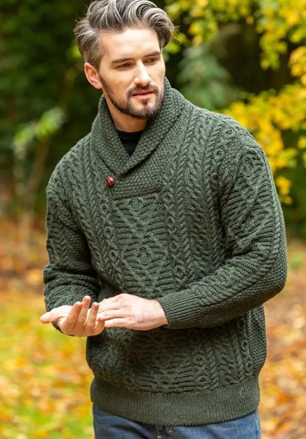 Aran Shawl Neck Sweater Army Green
