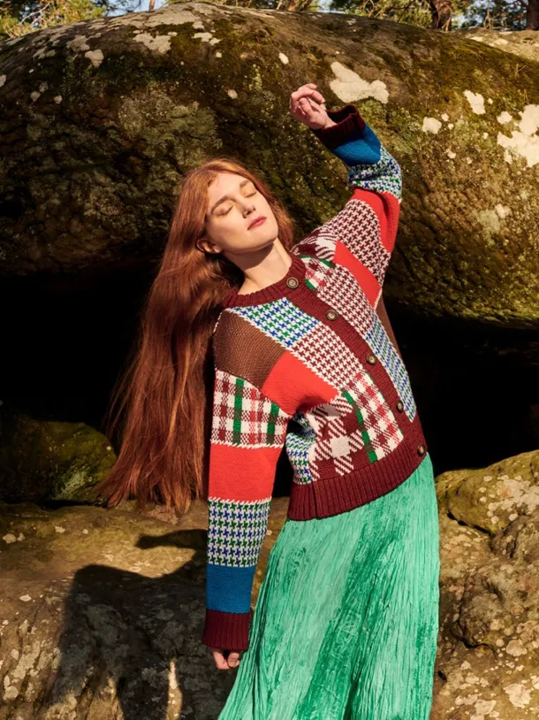 Autumn Patchwork Cardigan 100% Fine Merino Wool