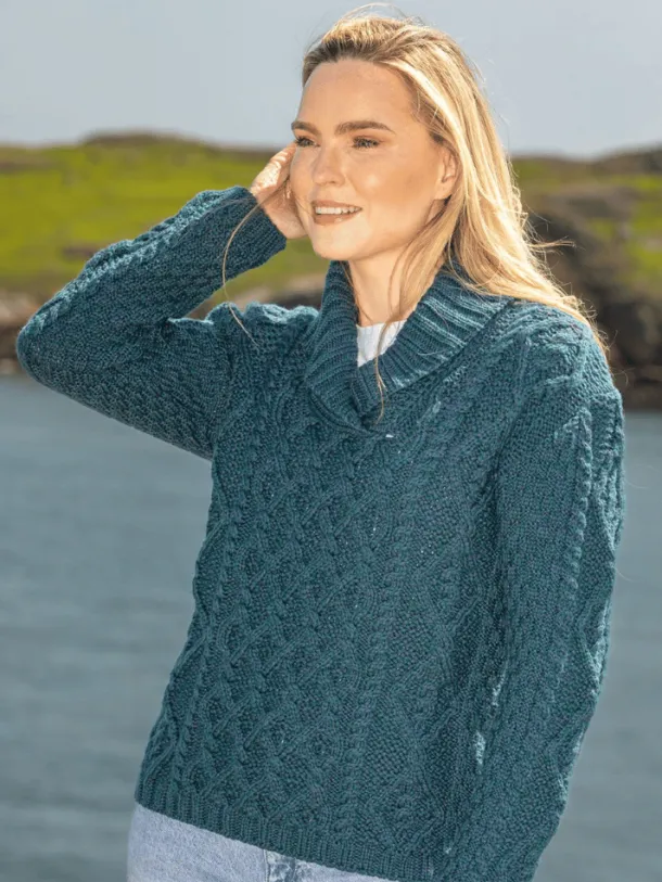 Bramble Aran Shawl Collar Sweater Atlantic