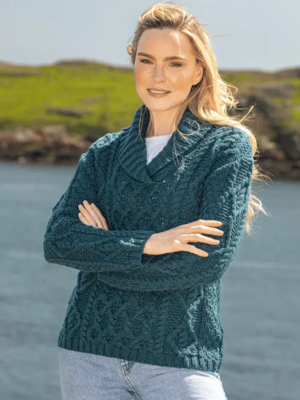 Bramble Aran Shawl Collar Sweater Atlantic