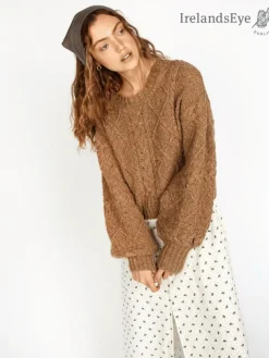 Cable Knit Cropped Crew Neck Sweater Biscuit