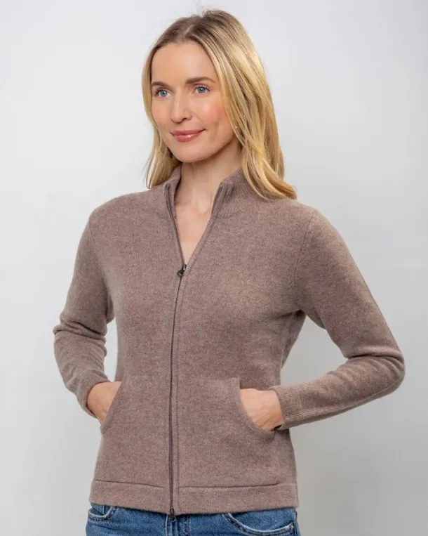 Cashmere and Merino Full Zip Cardigan Light Brown