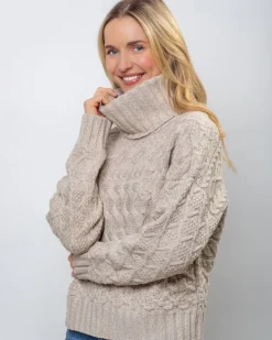 100% Fine Merino Wool Cable Polo Neck Beige