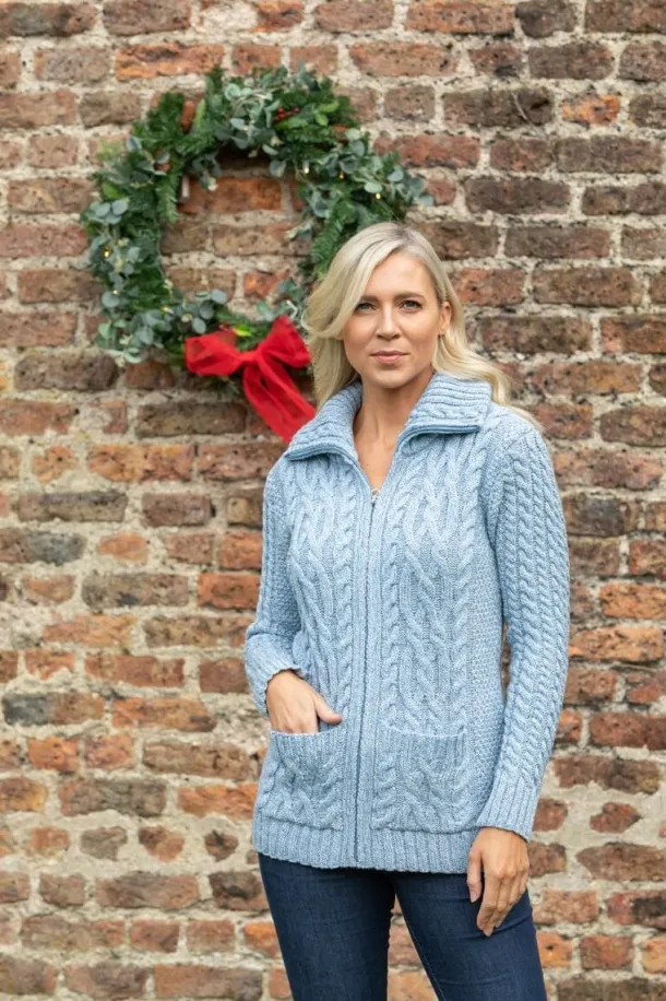 Full Zip Aran Sweater Sky Blue