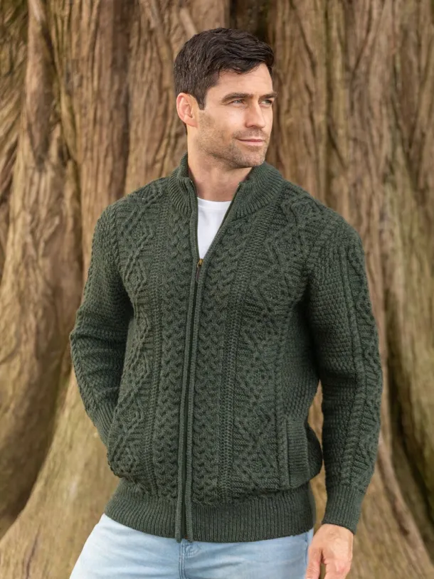 Full Zip Mens Aran Cardigan - Army Green