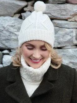 Hand Knit Aran Hat with bobble Natural