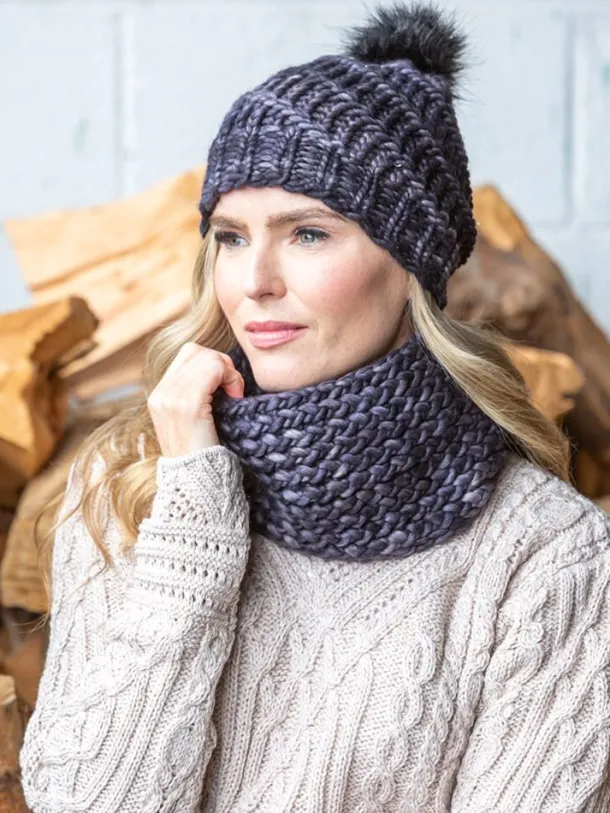 Handmade in Ireland - Snood and Bobble Hat Set - Grey