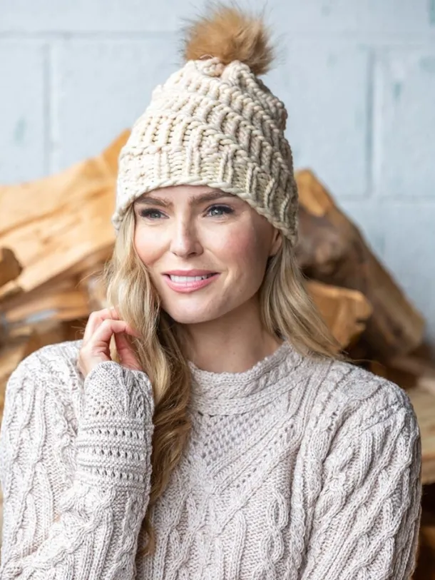Handmade in Ireland - Super Soft hat with pom pom - Natural