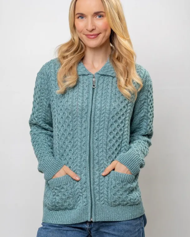 Irish Aran Cardigan with Zip - Aqua