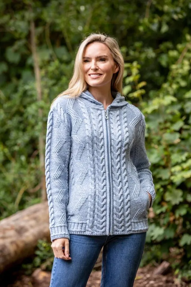 Ladies Aran Hooded Cardigan With Cladagh Zip