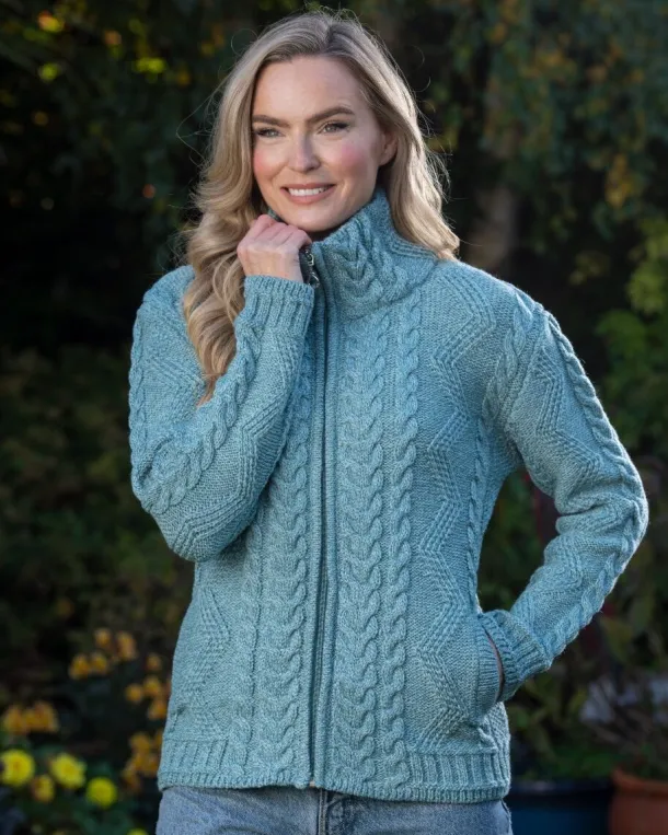Ladies Aran Turtleneck Zip Aqua