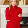 Ladies Aran Turtleneck Zip Cardigan Red