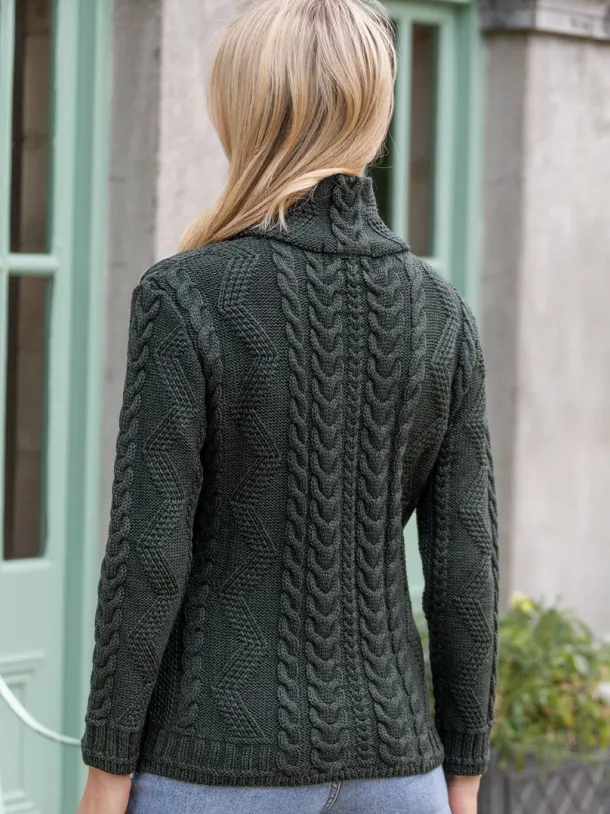 Ladies Aran Turtleneck Zip Cardigan - Army Green