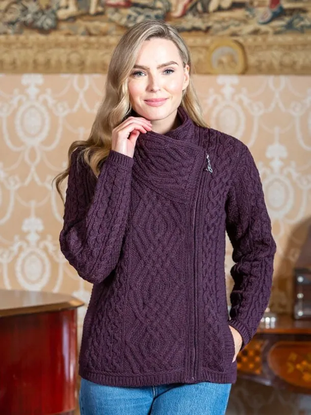Ladies Cable Knit Side Zip Cardigan - Purple