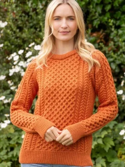 Ladies Merino Wool Aran Sweater - Orange