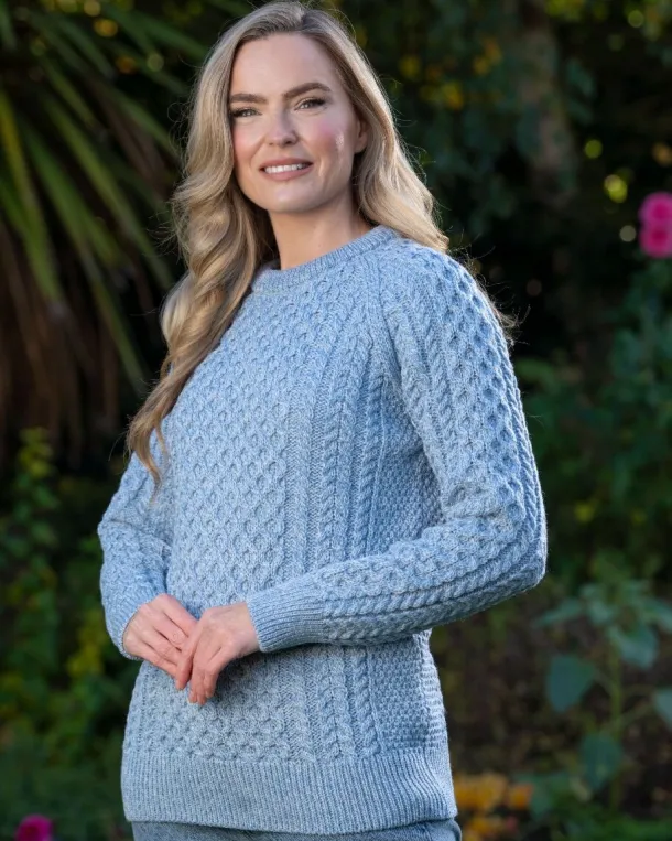 Ladies Merino Wool Fitted Aran Sweater Sky Blue