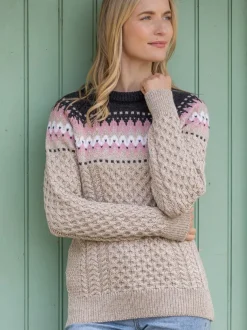 Ladies Merino Wool Fitted Fairisle Sweater Oatmeal