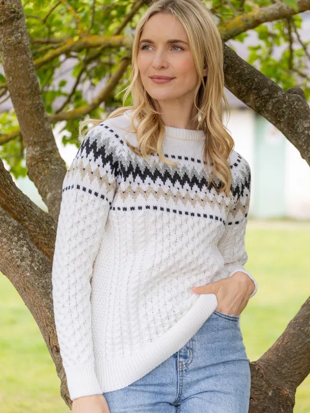 Ladies Merino Wool Fitted Fairisle Sweater Natural