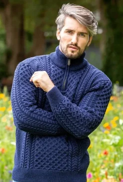 Mens Aran Half Zip Neck Sweater Deep Water Blue