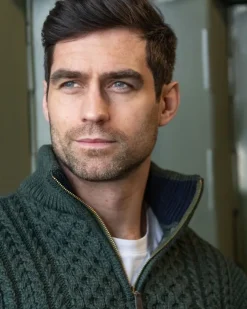 Mens Aran Half Zip Neck Sweater Army Green