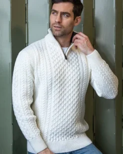 Mens Aran Half Zip Neck Sweater Natural