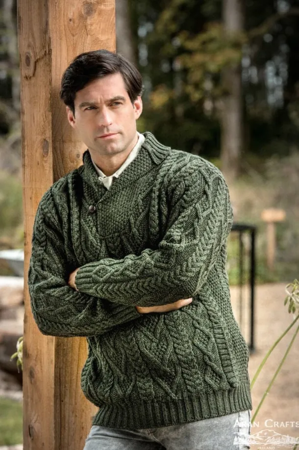 Mens Aran Shawl Neck Sweater Green