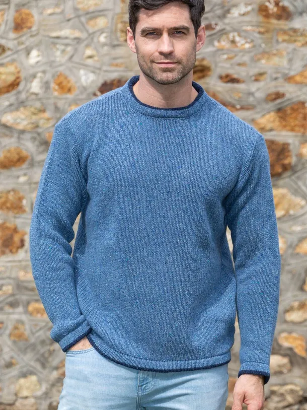 Men's Crew Neck Wool and Cashmere Sweater Blue Ocean