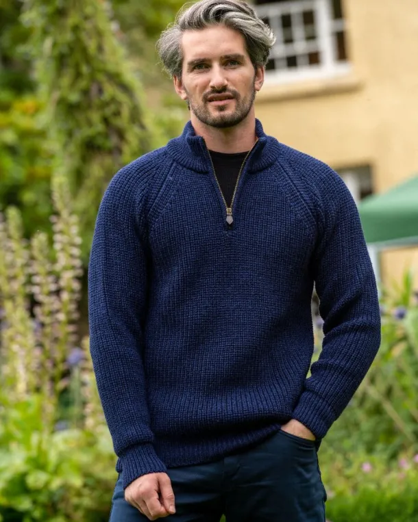 Men's half zip ribbed sweater Deep Water Blue