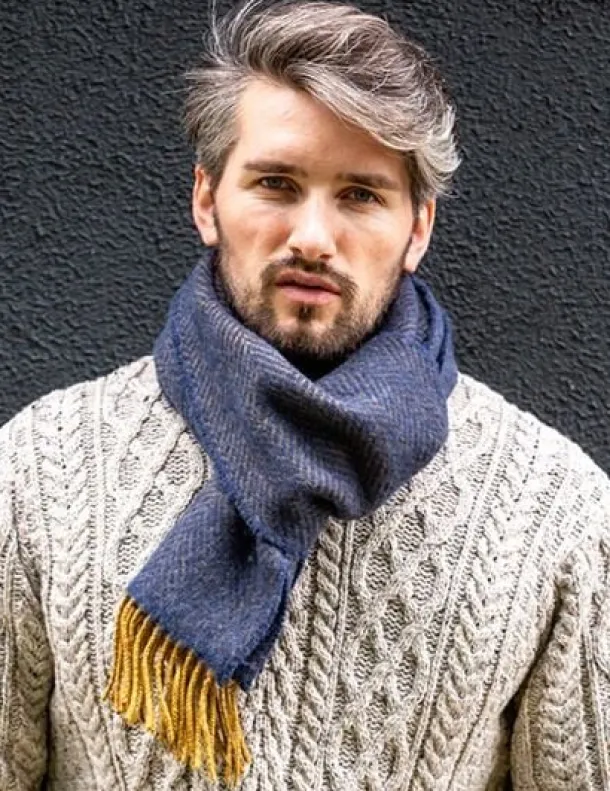 Men's Wool and Cashmere Navy/Mustard Herringbone Scarf 2433