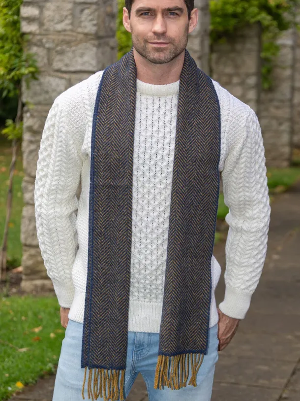 Men's Wool and Cashmere Navy/Mustard Herringbone Scarf 2433
