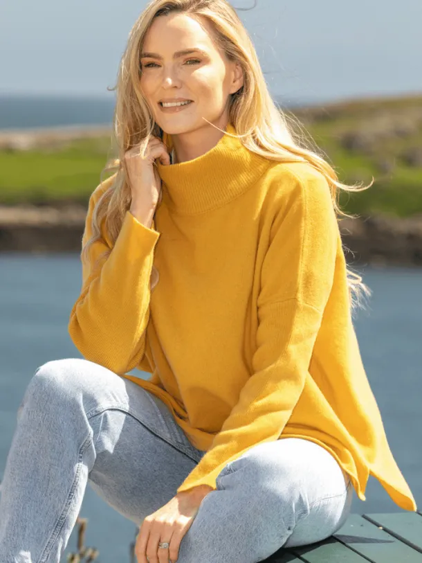 Merino Wool & Cashmere High Neck Sweater Mustard