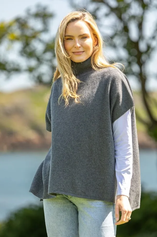 Merino Wool & Cashmere Short Sleeve Sweater Dark Grey