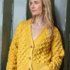 100% Merino Wool Cropped Aran Cardigan - Yellow