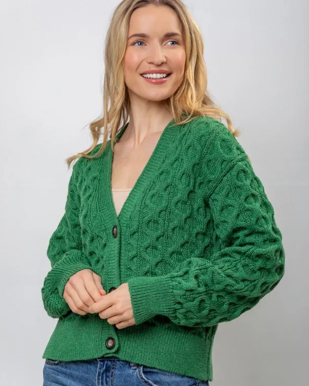 100% Merino Wool Cropped Aran Cardigan - Kiwi