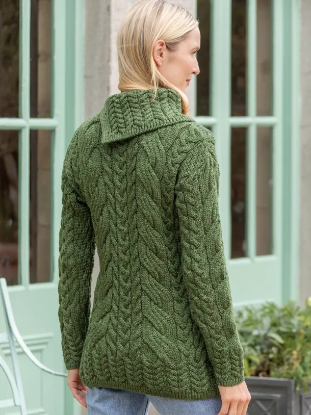 100% Super Soft Merino Wool Cowl Neck with Buttons Green