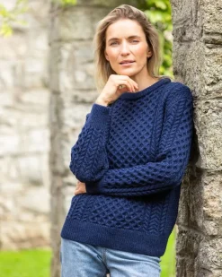 Unisex Merino Wool Aran Sweater Deep Water Blue