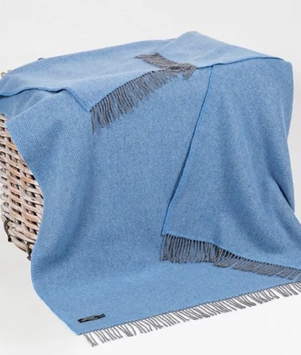Wool and Cashmere Blue Herringbone Throw Col: 1403
