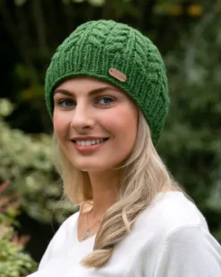 100% Wool Fully Lined Aran Pull on Hat Green